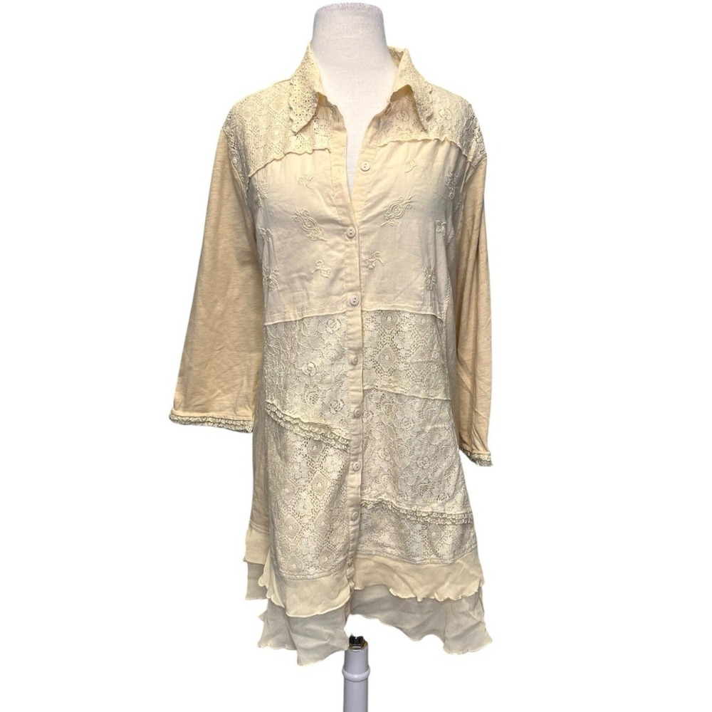 April Cornell Nostalgia Blouse XXL Ecru Butter Yellow Lace Ruffle Hem Boho Fairy